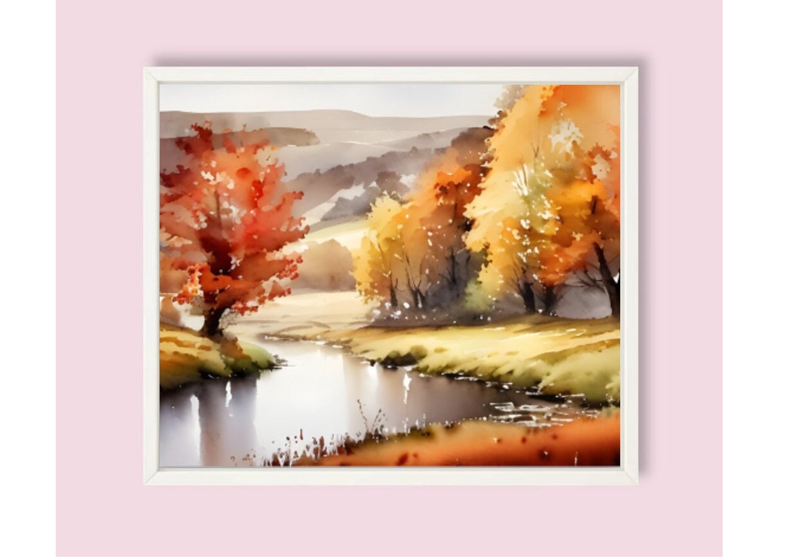 Autumn River Landscape Watercolor With Golden Fall Trees Poster - Image 6