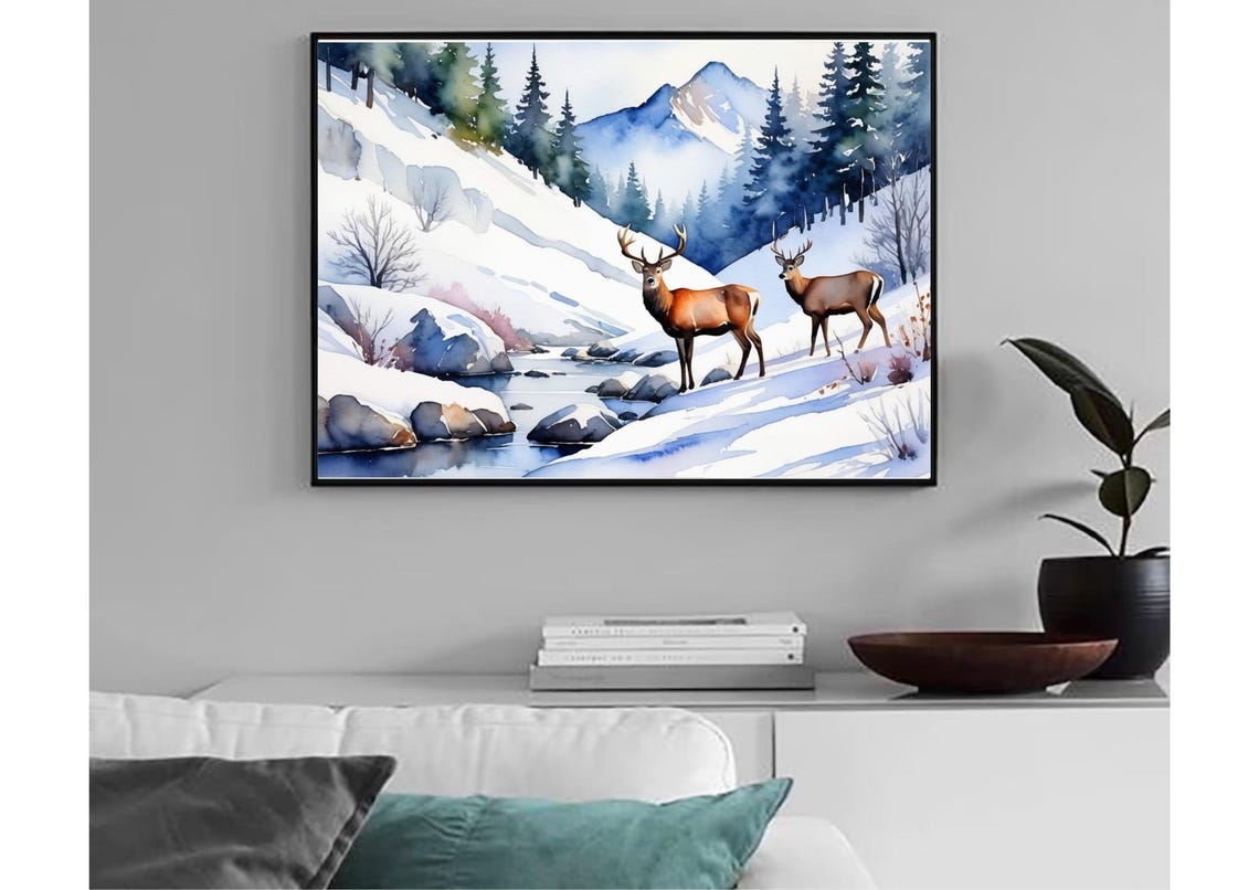Two Deer in Snowy Mountain Winter Wonderland Watercolor Poster - Image 6