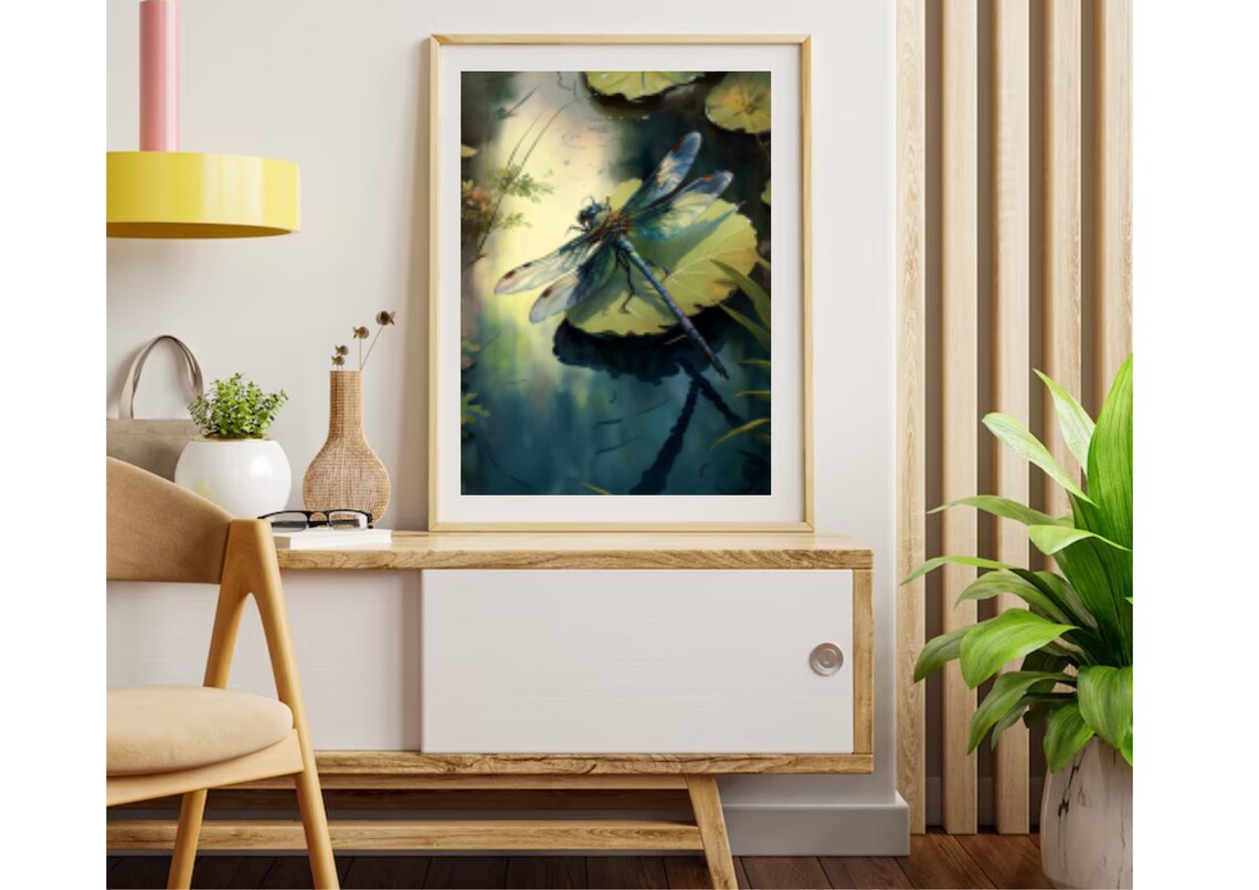 Blue Dragonfly Resting on a Water Lily Leaf Watercolor Poster - Image 5