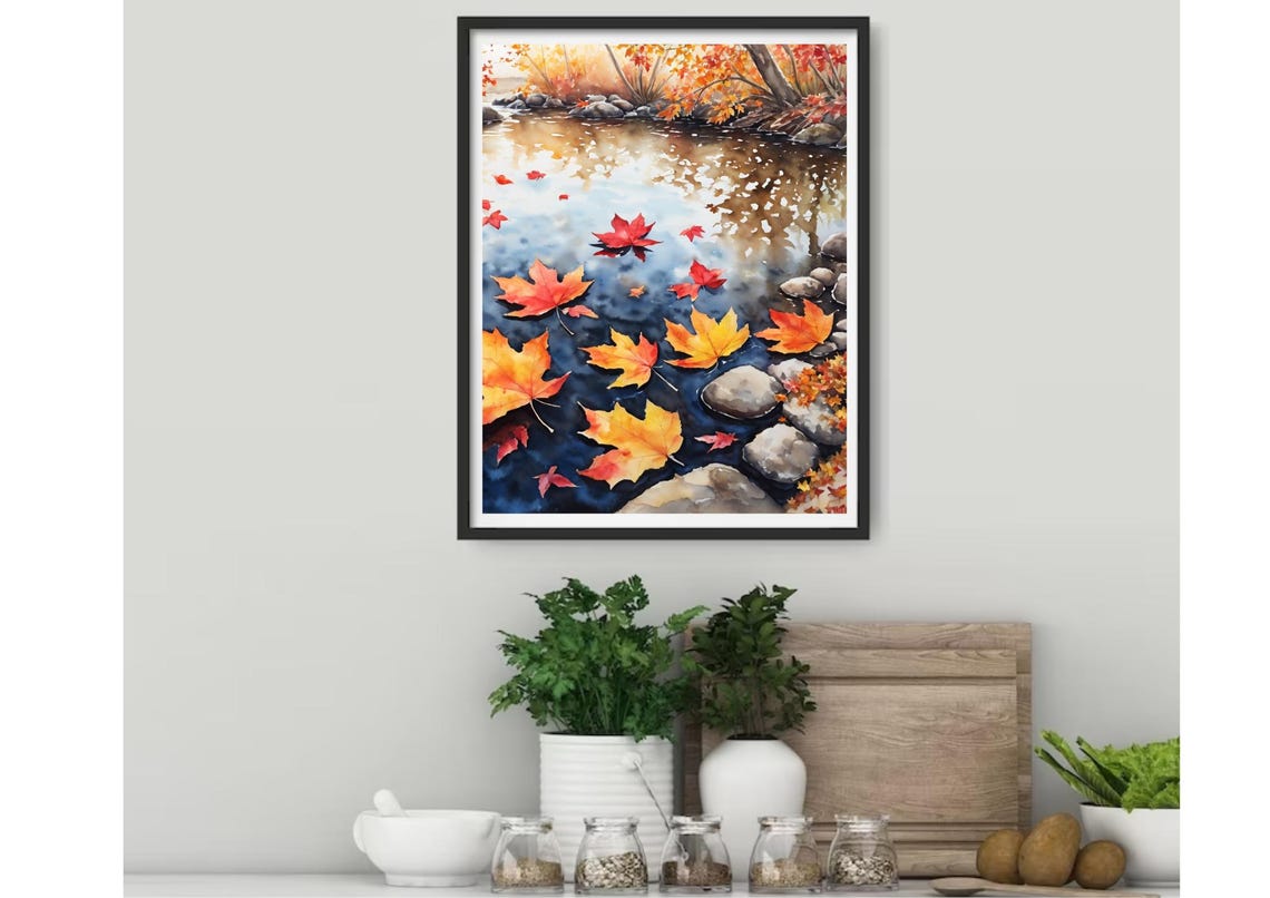 Red Maple Leaves Floating On A Forest Stream Watercolor Poster - Image 3