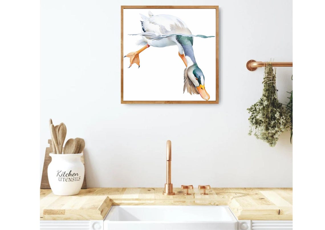 Whimsical White Duck Diving Headfirst Watercolor Bird Poster - Image 5
