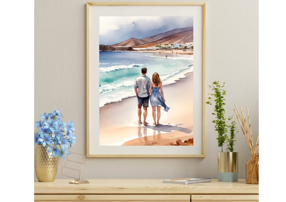 Couple Walking On Beach Watercolor Romantic Seaside Travel Art Poster - Image 4