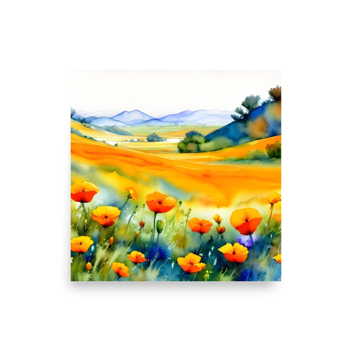 Californian Field Of Poppies Watercolor Art Print - Image 3