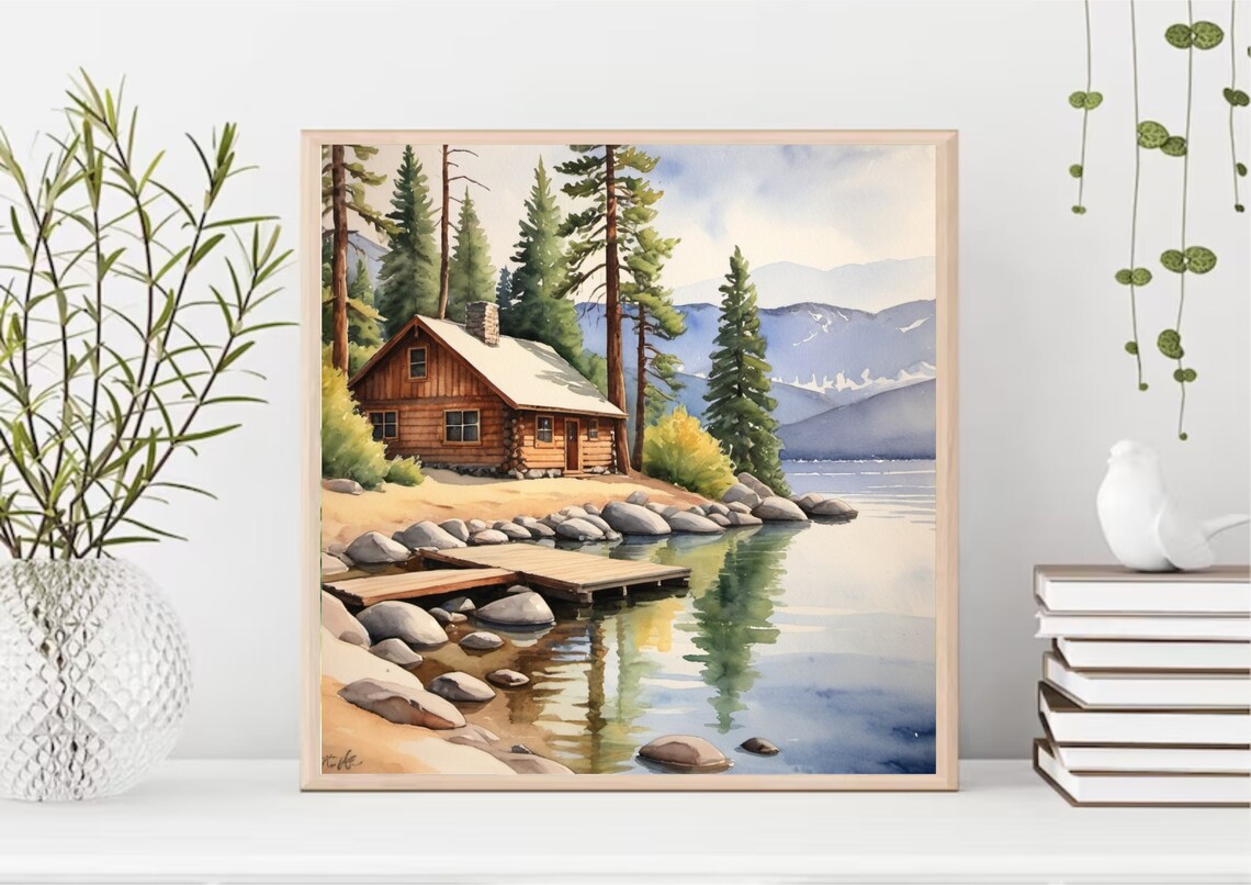 Forest Cabin Painting Tahoe Lake Watercolor Art Print California Mountain Forest Landscape Wall Art Pine Trees Art Watercolor Mountain Lake - Image 4