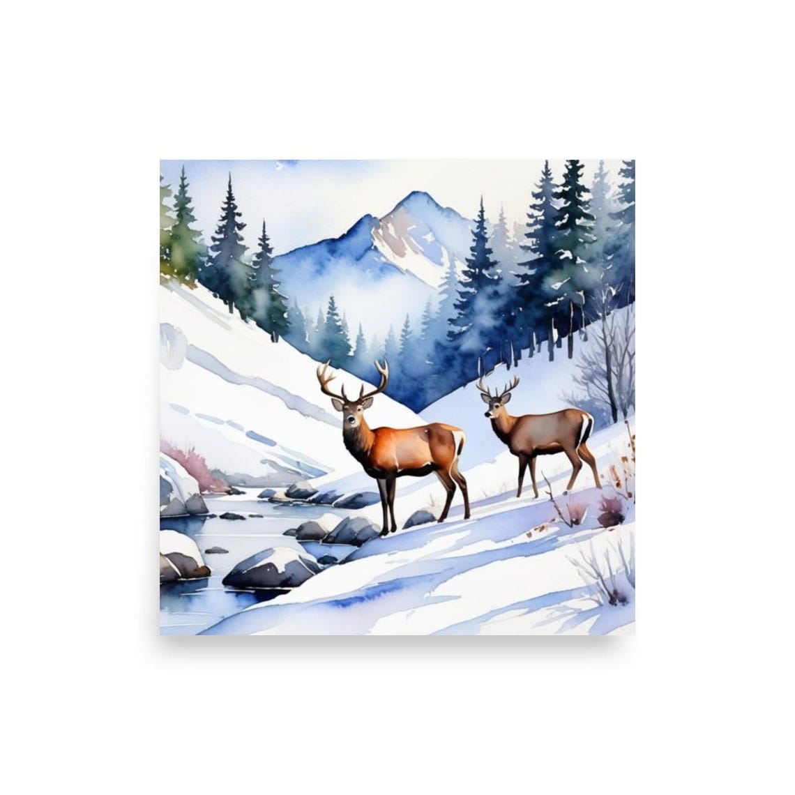 Two Deer in Snowy Mountain Winter Wonderland Watercolor Poster - Image 2
