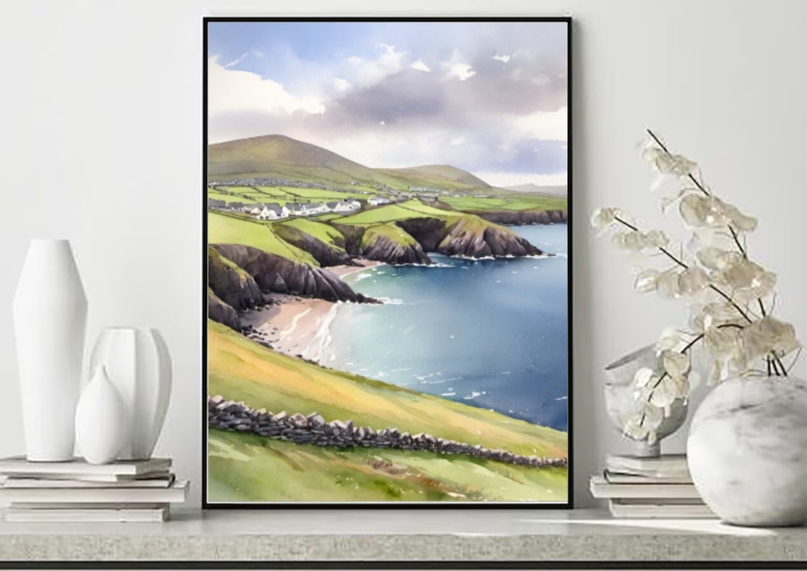 Dingle Peninsula Ireland Green Cliffs Village Watercolor Poster - Image 5