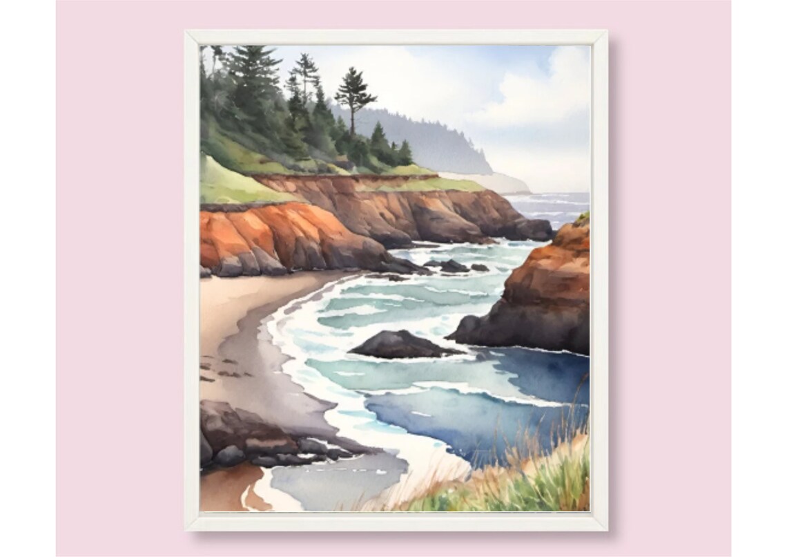 Yachats Coast Oregon Coastline Watercolor Art Print - Image 6