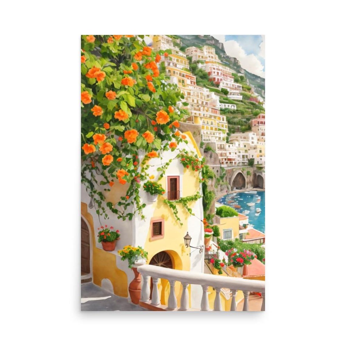 Positano Cityscape Painting Amalfi Coast Watercolor Art Print Flowers Bush Wall Art Italian Cityscape Print Italy Art Positano Travel Art - Image 2