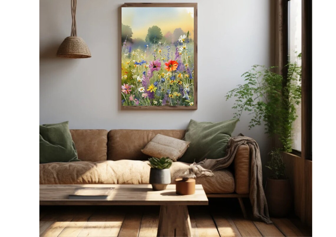 Field Of Flowers Watercolor Wildflowers Landscape Art Print - Image 4