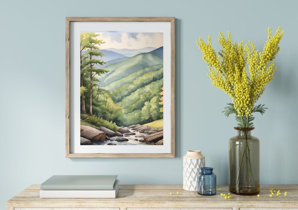 Appalachian Misty Green Mountain Valley Stream Watercolor Poster - Image 4