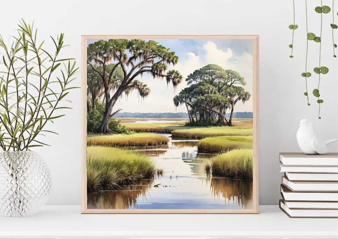Marsh Painting Charleston Lowcountry Watercolor Art Print Salt Marsh Wall Art South Carolina Lowcountry Landscape Poster Trees In Swamp Art - Image 4