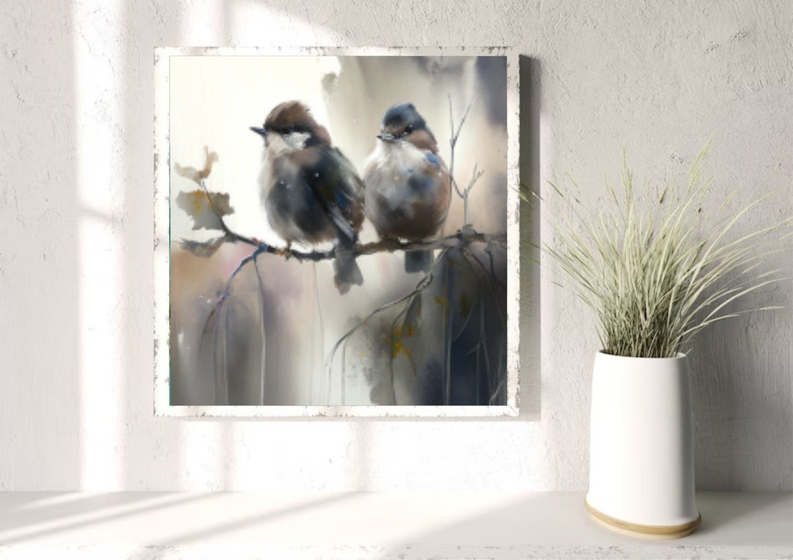 Two Sparrows on a Bare Winter Branch Watercolor Bird Art Poster - Image 4