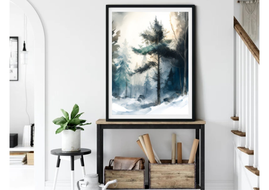 Snowy Winter Pine Forest Watercolor With Soft Breaking Sunlight Poster - Image 5