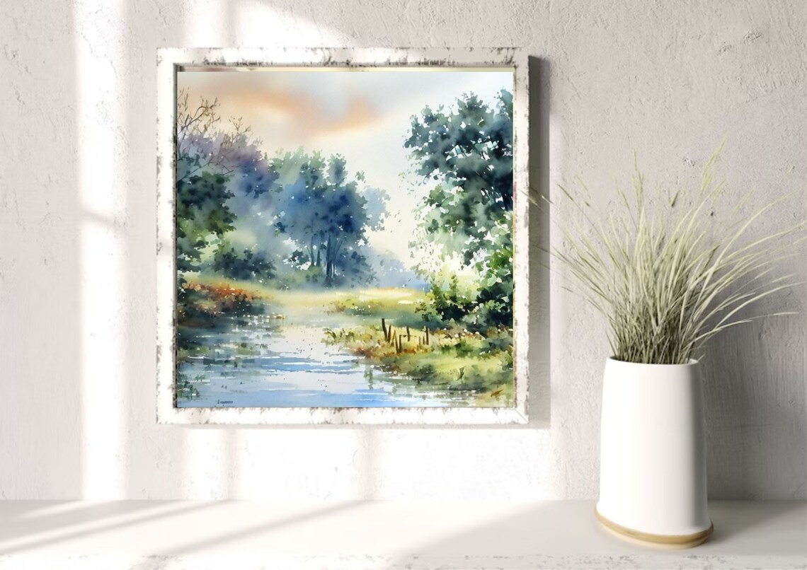 Misty Forest River Watercolor in Soft Green Morning Tones Poster - Image 4
