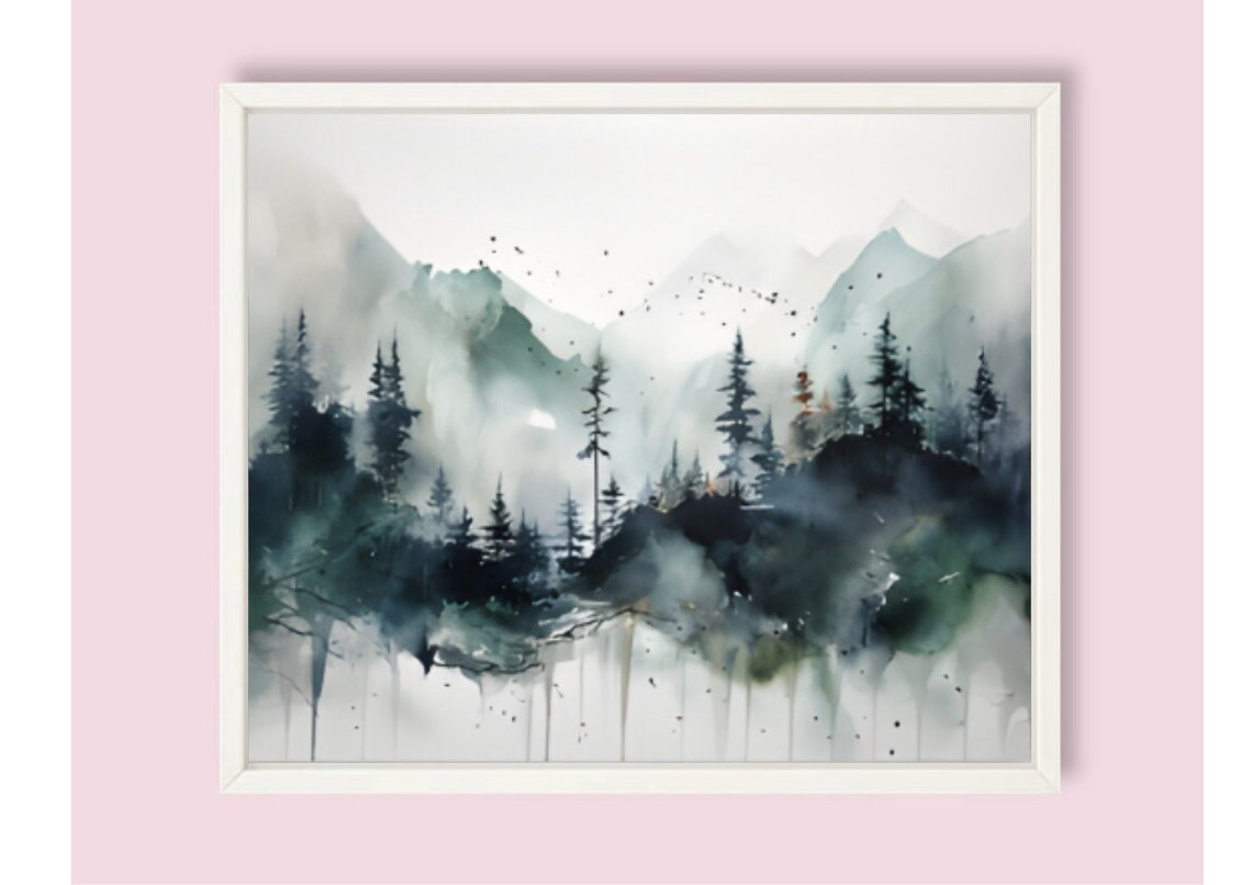 Misty Mountain Pine Forest Moody Fog Watercolor Landscape Poster - Image 6