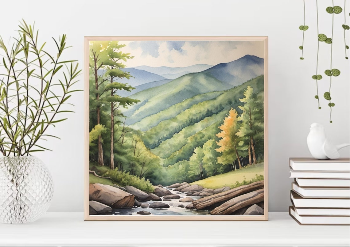 Appalachian Misty Green Mountain Valley Stream Watercolor Poster - Image 5