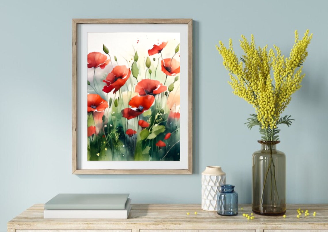 Poppy Field Painting Tuscany Watercolor Art Print Poppies Meadow Wall Art Wildflowers Art Italy Country Landscape Art Red Poppies Field Art - Image 5