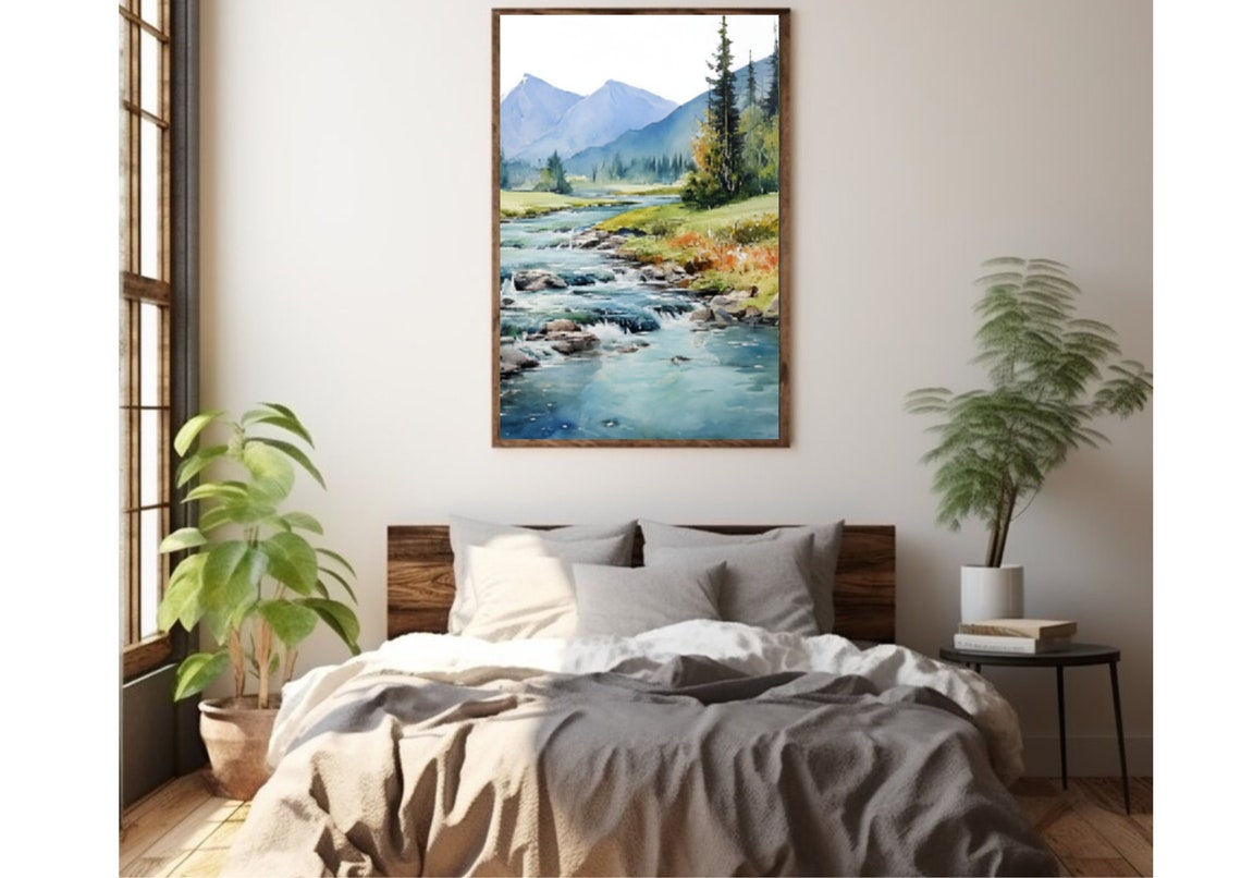 Rocky Mountain River Rushing Through Pine Forest Watercolor Poster - Image 3