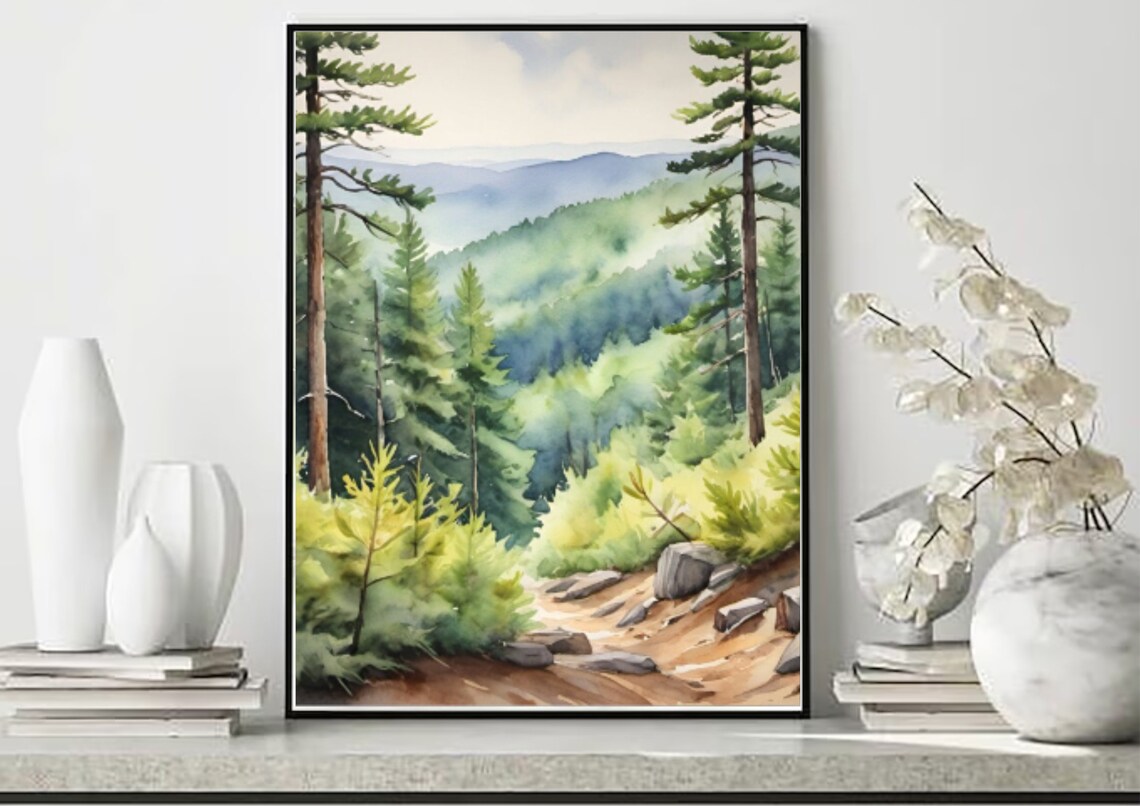 Appalachian Mountains Watercolor Art Print, Misty Pine Forest - Image 5