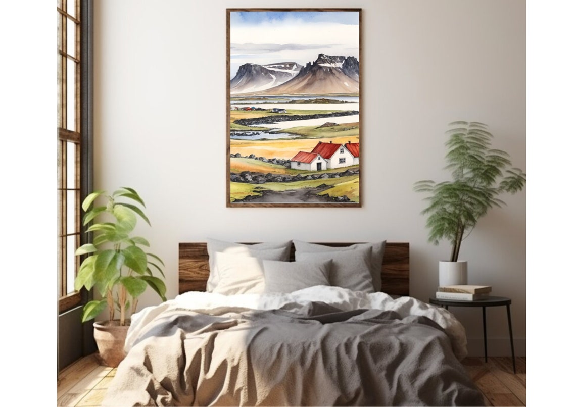 Iceland Painting Iceland House Watercolor Art Print Mountain Landscape Wall Art Panoramic Scandinavian Country Landscape Art Iceland Gifts - Image 4
