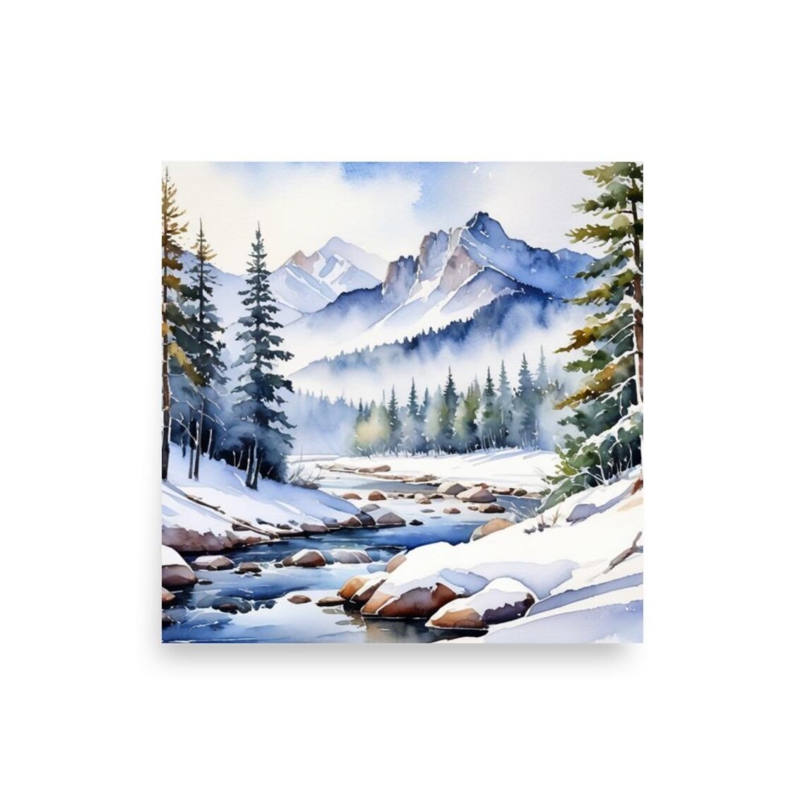 Rocky Mountains Watercolor Art Print, Winter Landscape - Image 2
