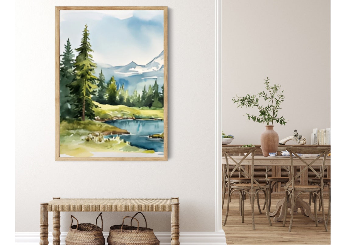 Mountain River Evergreen Pines Snowy Peak Gentle Watercolor Poster - Image 3