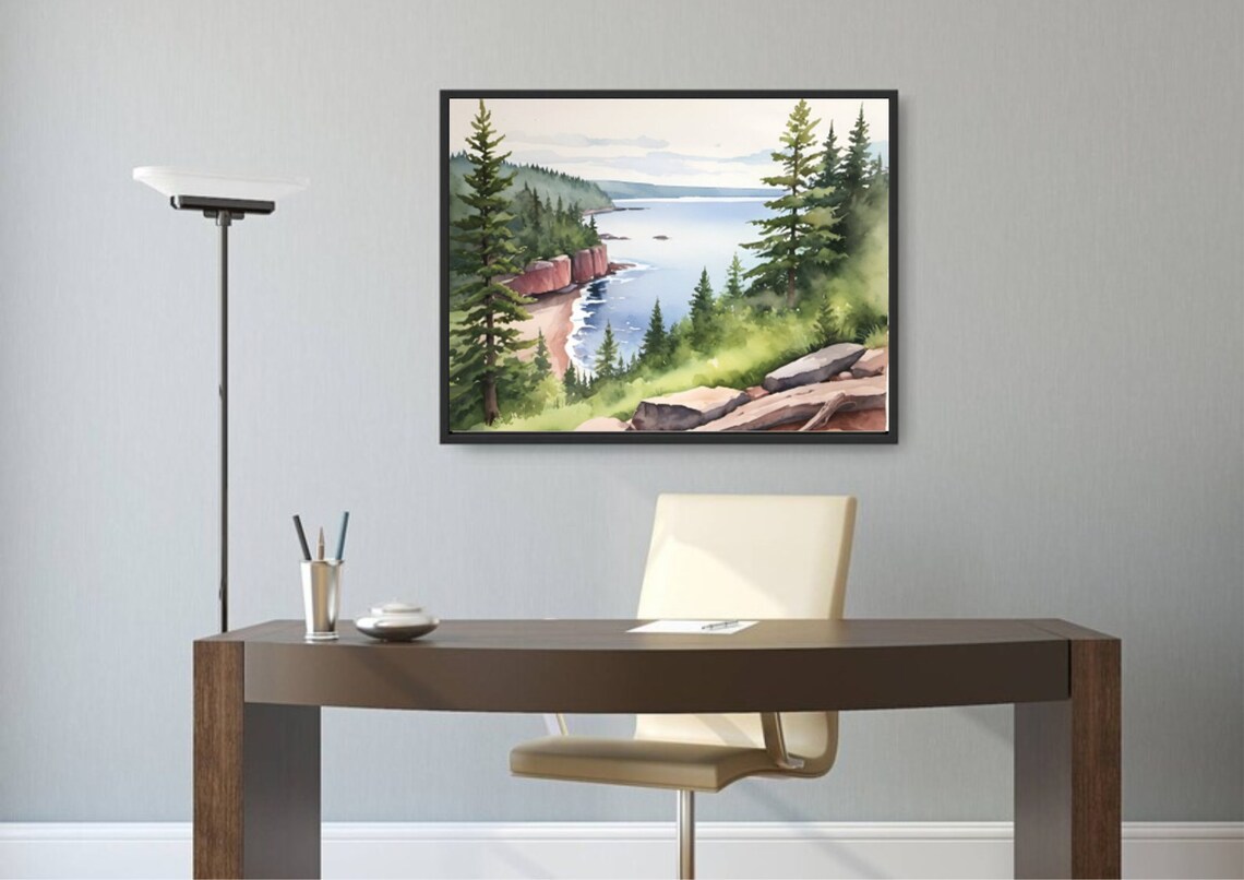 Lake Superior Painting Mountain Lake Watercolor Art Print Pine Fores Wall Art Great Lakes Of North America Panoramic Evergreen Landscape Art - Image 5