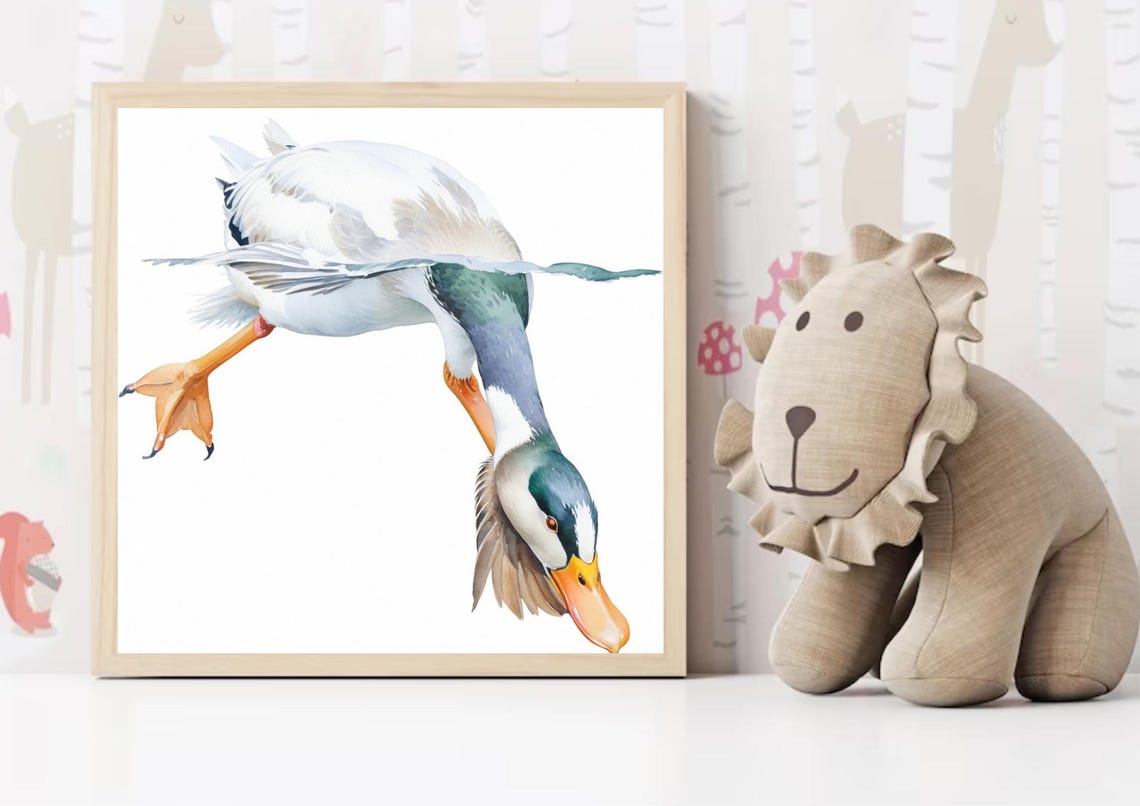 Whimsical White Duck Diving Headfirst Watercolor Bird Poster - Image 4