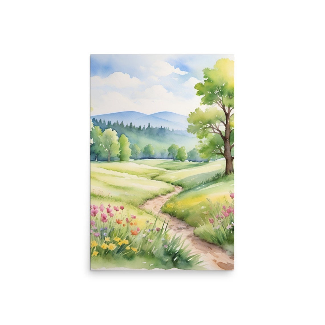 Spring Wildflower Meadow Path Trees Mountains Watercolor Poster - Image 2