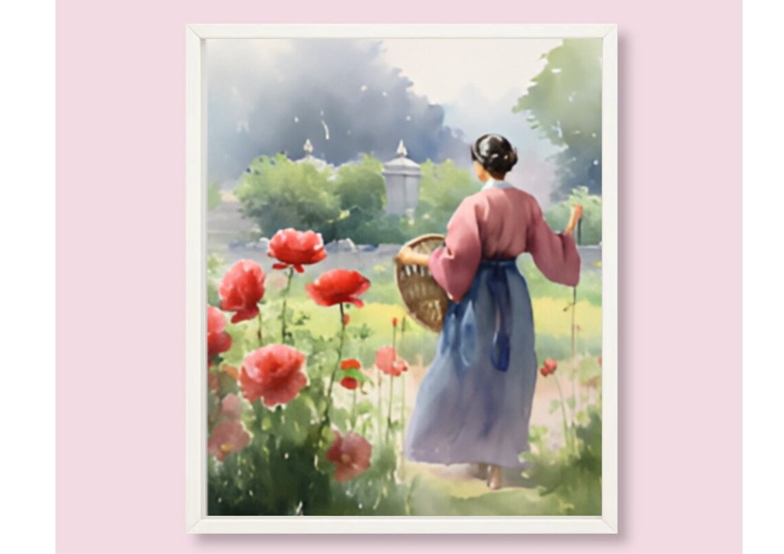 Woman in Poppy Garden With Basket From Behind Watercolor Art Poster - Image 6