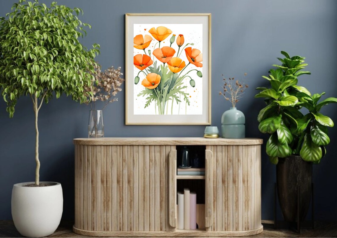 California Poppies Painting Orange Poppies Watercolor Art Print Orange Poppy Flowers Wall Art Watercolor Floral Art Neutral Botanical Art - Image 2