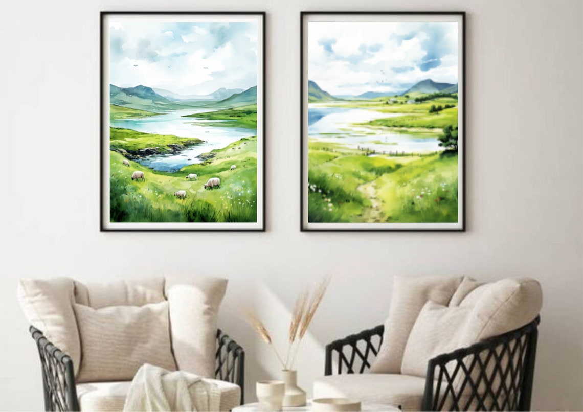 Green Hillside Meadow With Grazing Sheep By Lake Watercolor Wall Art - Image 4