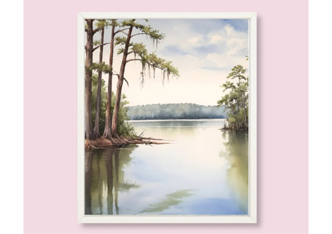 Louisiana Swamp Cypress Moss Calm Lake Watercolor Nature Poster - Image 6