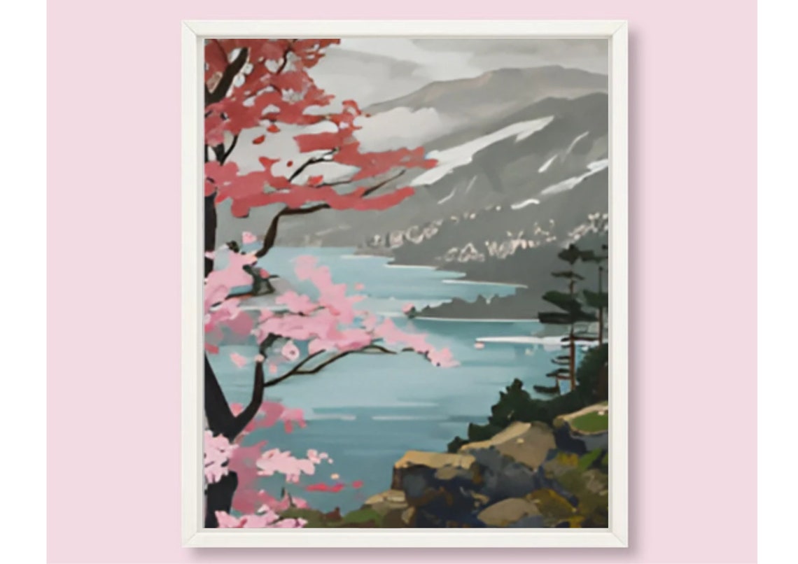 Cherry Blossom Tree Overlooking Sparkling Mountain Lake Poster - Image 6