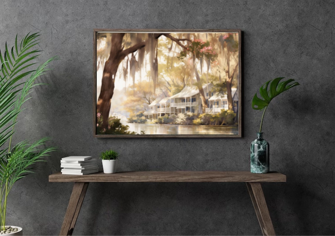 Louisiana Landscape Watercolor Painting River And House In Louisiana Art Print Panoramic Cityscape Wall Art Large Louisiana Poster - Image 5