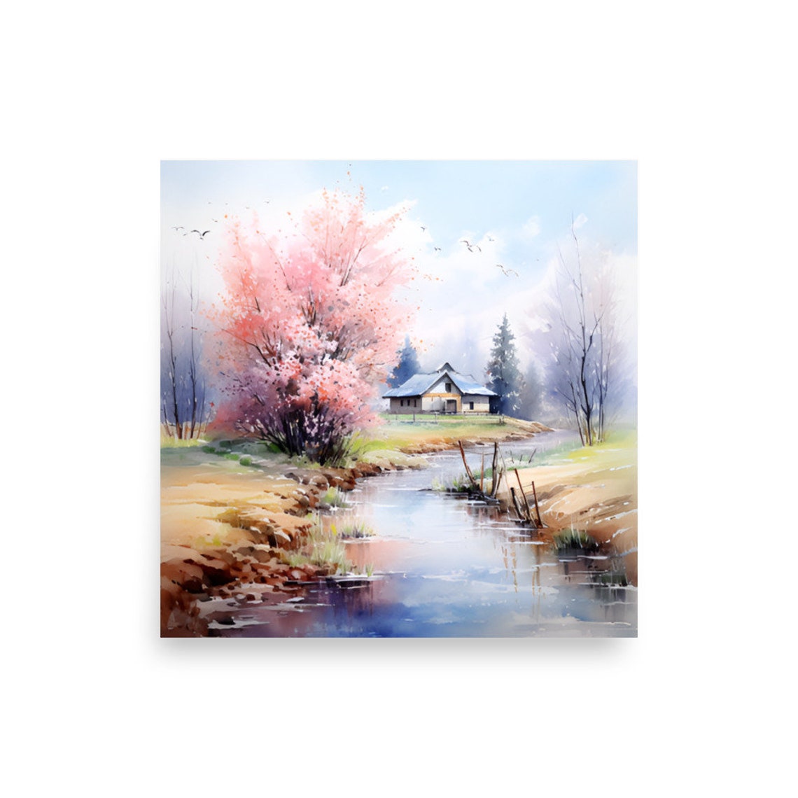 Spring Country Landscape Painting Vermont Watercolor Art Print Cherry Blossom Tree Art Watercolor Farmhouse Poster Country River Wall Art - Image 2