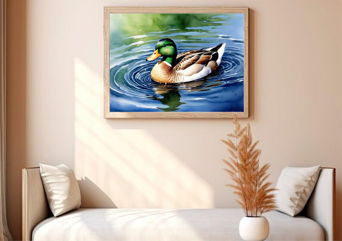 Vibrant Mallard Drake Swimming Pond Watercolor Wildlife Poster - Image 5