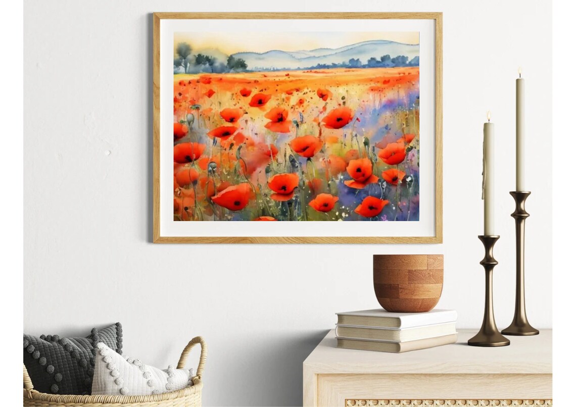 Poppies Field Watercolor Panoramic Landscape Art Print - Image 4