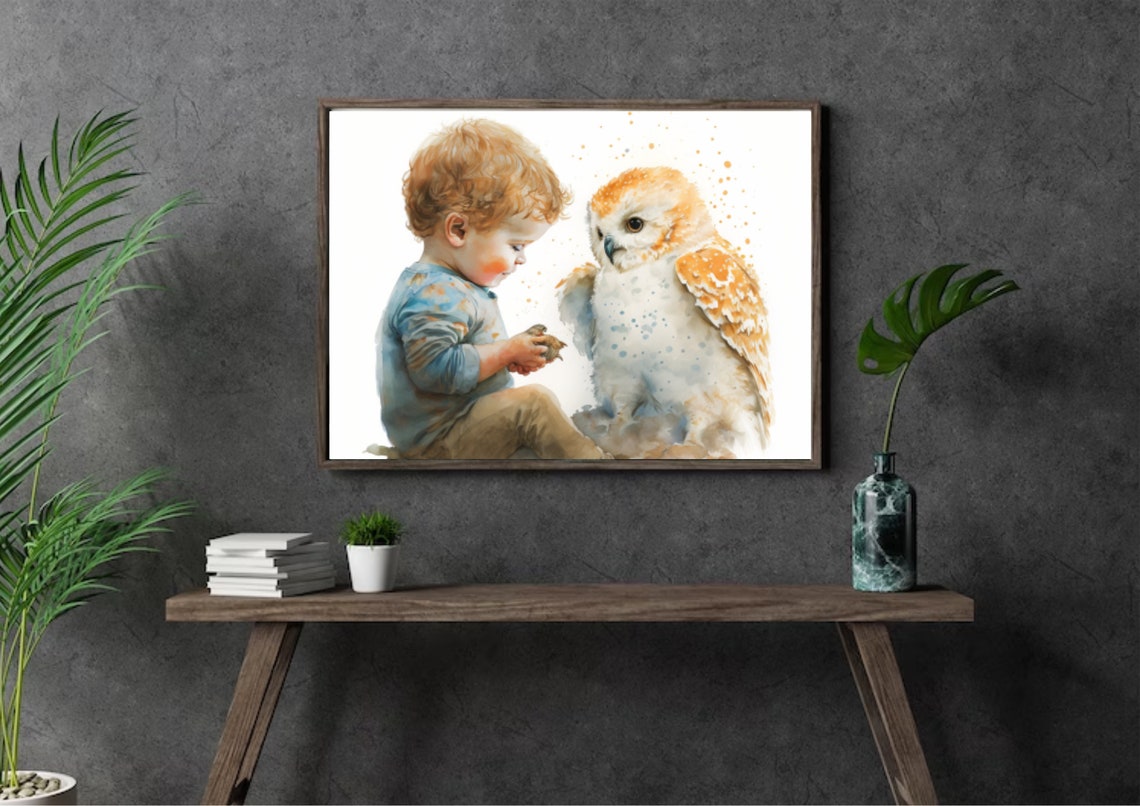 Little Boy With a White Owl Watercolor Nursery Room Scene Poster - Image 2