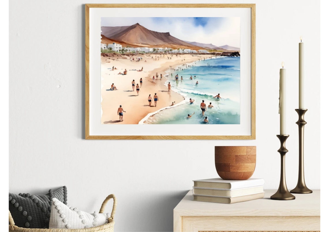 Fuerteventura Beach Bathers Volcanic Mountain Watercolor Poster - Image 5