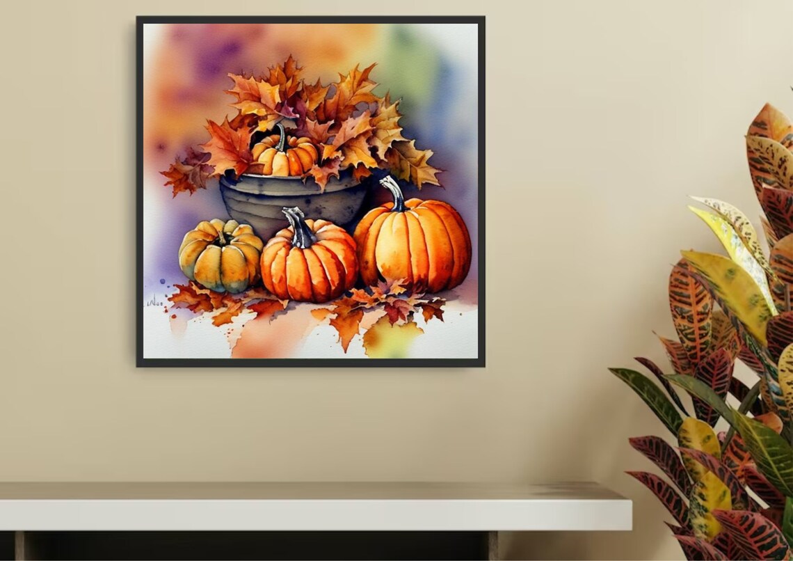 Autumn Pumpkins In Metal Bucket With Maple Leaves Watercolor Poster - Image 3