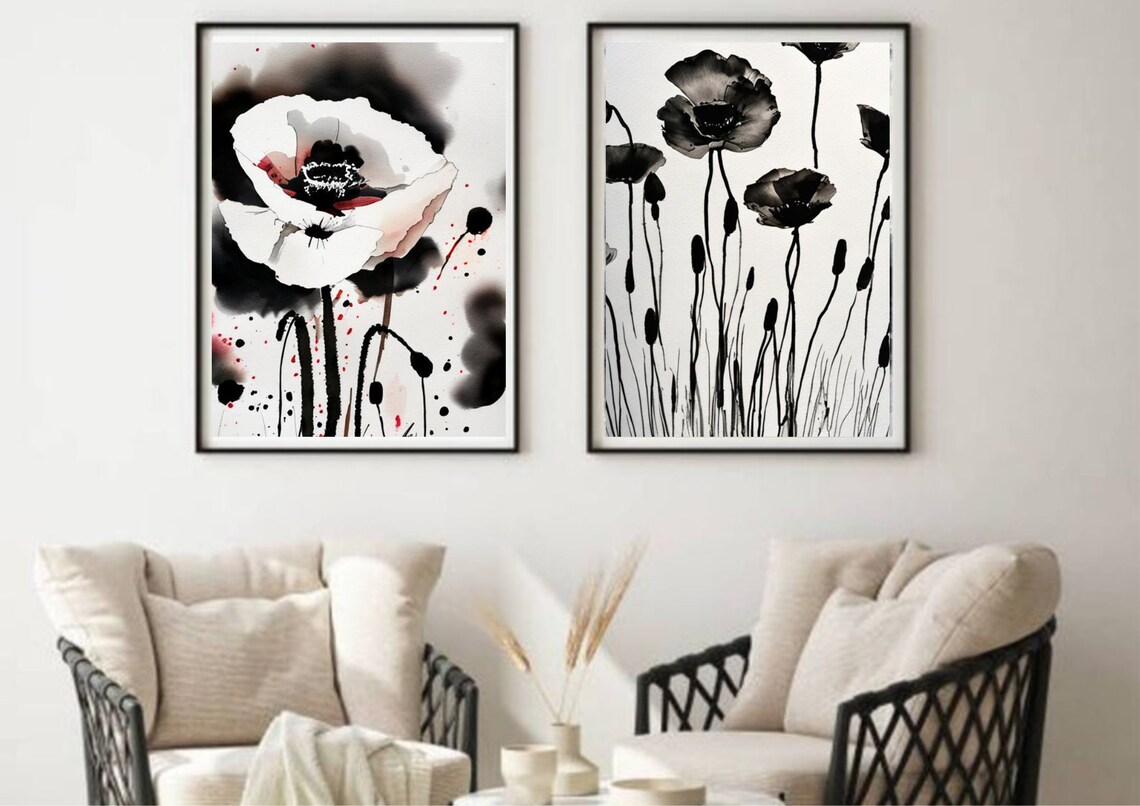 White Poppy Flower With Black Ink Watercolor Fine Art Poster - Image 2