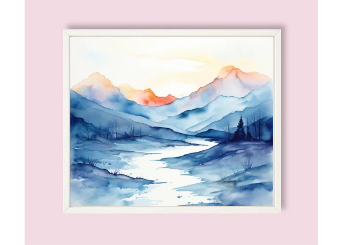 Blue Mountain River Sunset Glow Rosy Peaks Watercolor Landscape Poster - Image 6