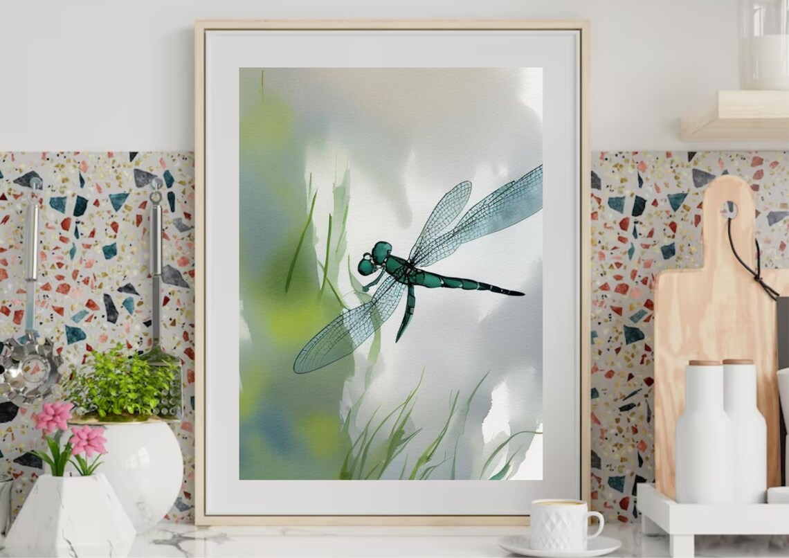 Dragonfly Watercolor Meadow Painting Dragonfly Art Print Botanical Wall Art Insects Watercolor Painting Green Blue White Floral Poster - Image 3
