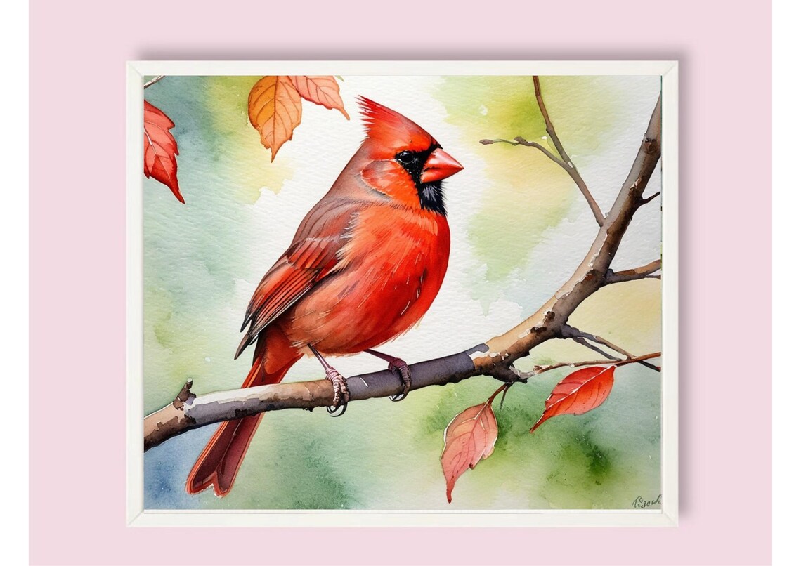 Red Cardinal Watercolor Art Print, Autumn Branch - Image 6