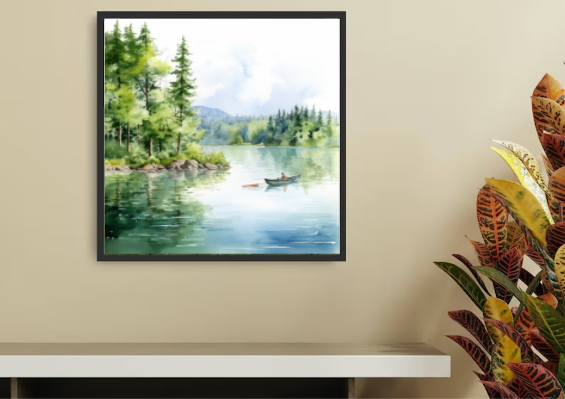 Rowboat on a Calm Green Lake Watercolor Forest Landscape Poster - Image 4