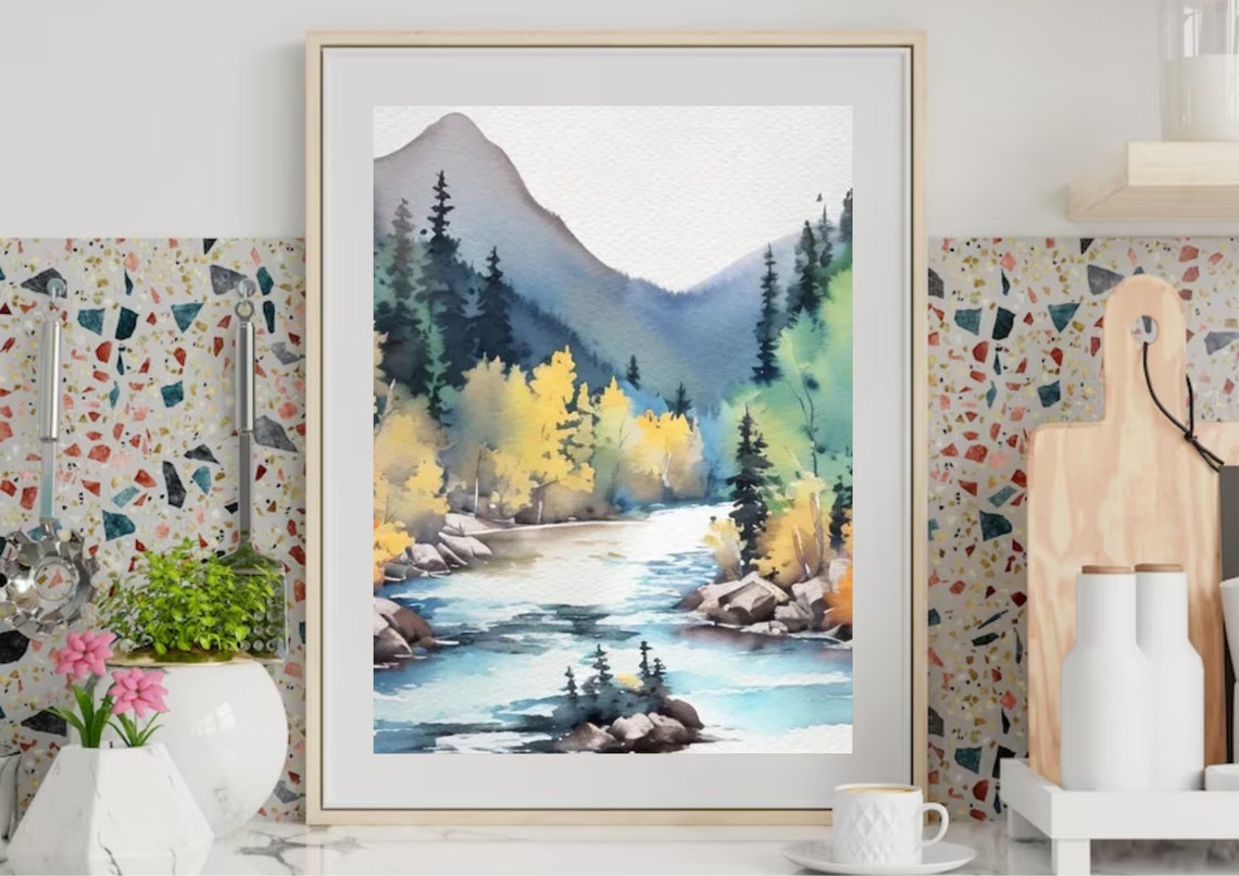 Autumn River Valley With Golden Aspens And Pine Trees Watercolor Print - Image 5