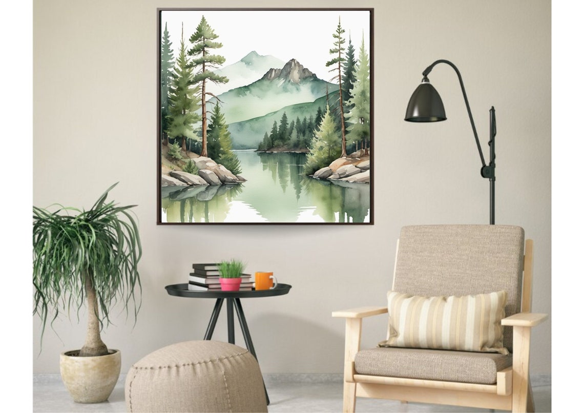 Mountain Lake Pines Misty Peaks Reflection Watercolor Poster - Image 4