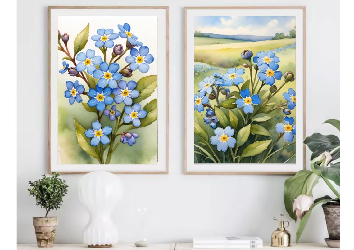 Blue Forget Me Nots Blooming In A Sunny Meadow Watercolor Poster - Image 2
