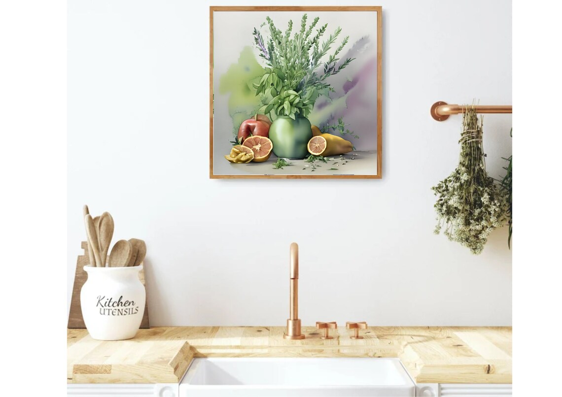 Herb Bouquet In Green Vase With Sliced Citrus Watercolor Kitchen Print - Image 3
